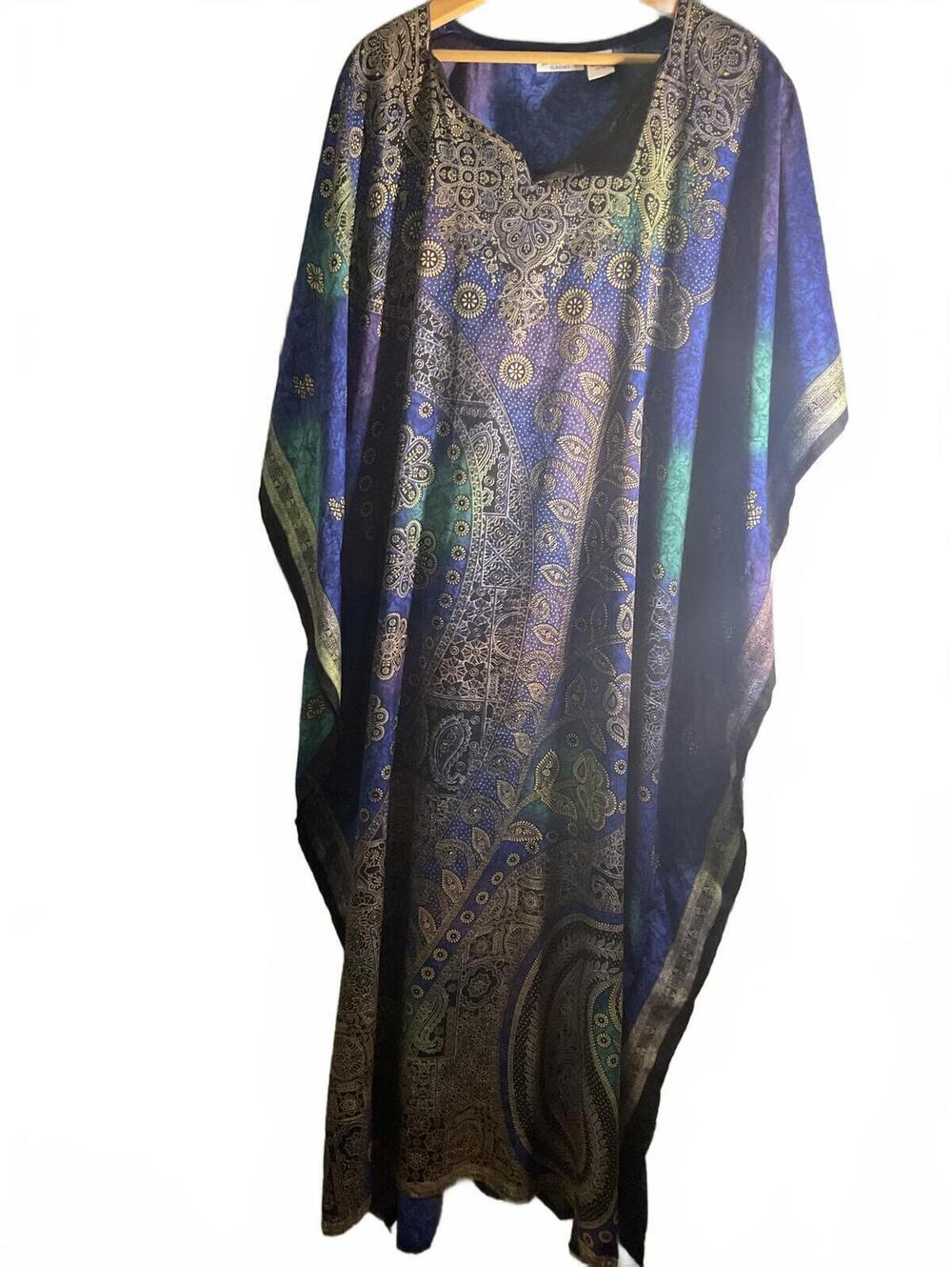 Sante Classics Elegant Bohemian Style Blue and Green Paisley Caftan Dress